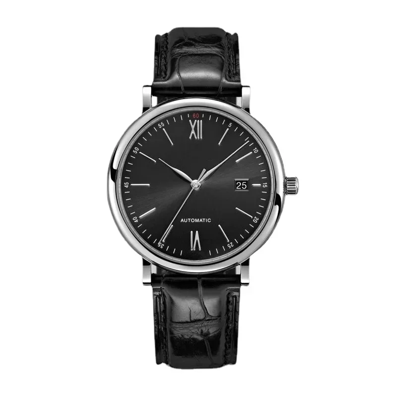 

Luxury New Mens Mechanical Watch Automatic Self Wind Watches Black Leather Rome Dial