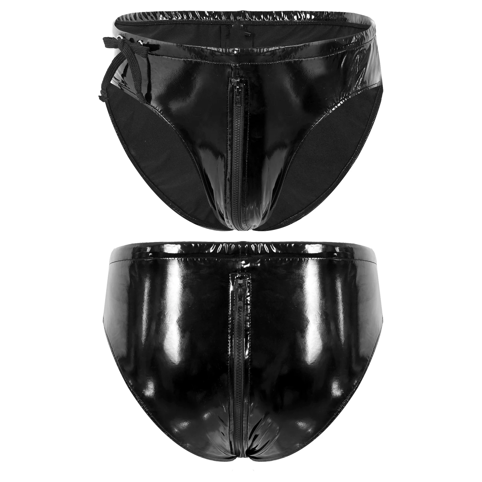 Lencería de látex para hombre, ropa interior con cordón, cintura baja, calzoncillos con cremallera, aspecto húmedo, calzoncillos de charol, disfraz Sexy para espectáculo en escenario y Club