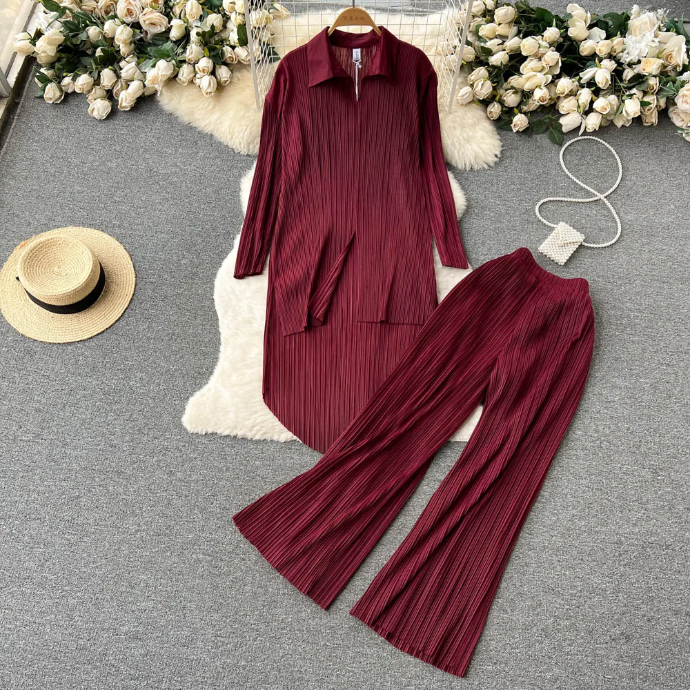 

Spring Lazy Wind Loose Long Irregular Lapel Shirt + Pleated Wide Leg Pants Two-piece Set