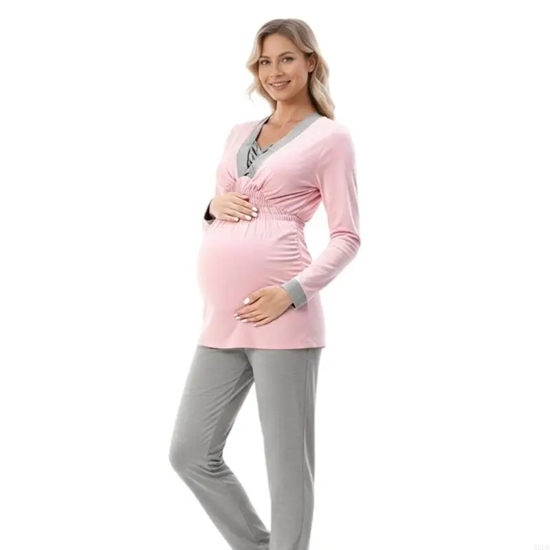 Feuchtigkeitsableitendes Stoff-Umstands-Loungewear-Set mit V-Ausschnitt, Kleidung für atmungsaktive Kleidung, Schwangerschaft – Detail 1