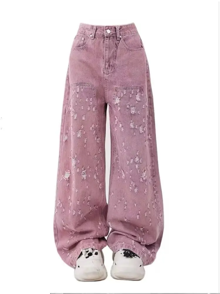 

American Holes Pink Cargo Jeans Women 2023 Autumn Winter New Wide Pants Ladies Retro Spice Girls High Waist Jeans Women