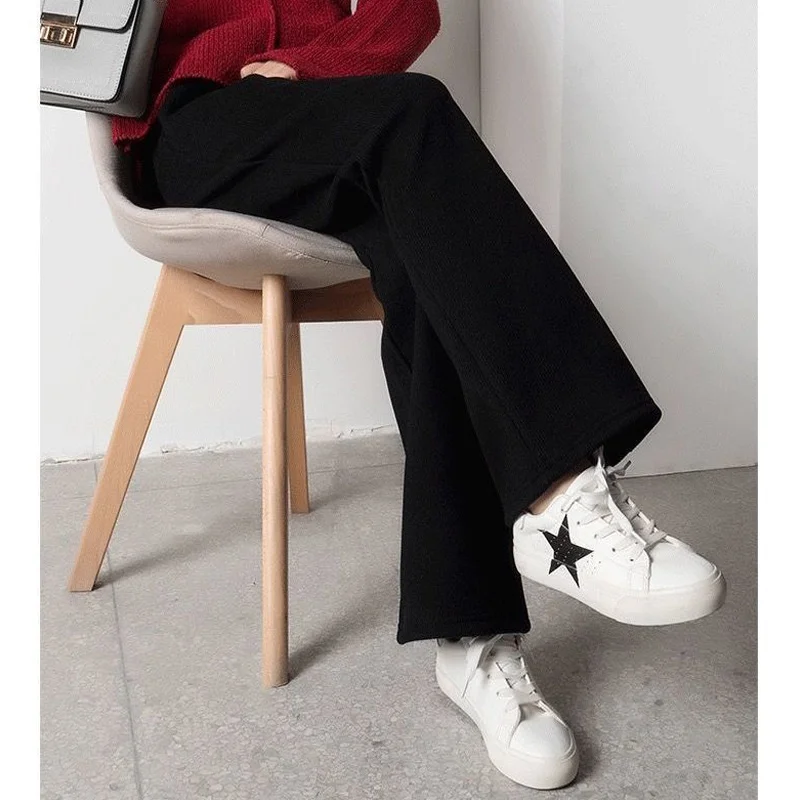 Casual Fleece Elastic Waist Straight Pants Autumn Winter New Solid Loose Youth Wide Leg Pants Vintage Fashion Women Clothing