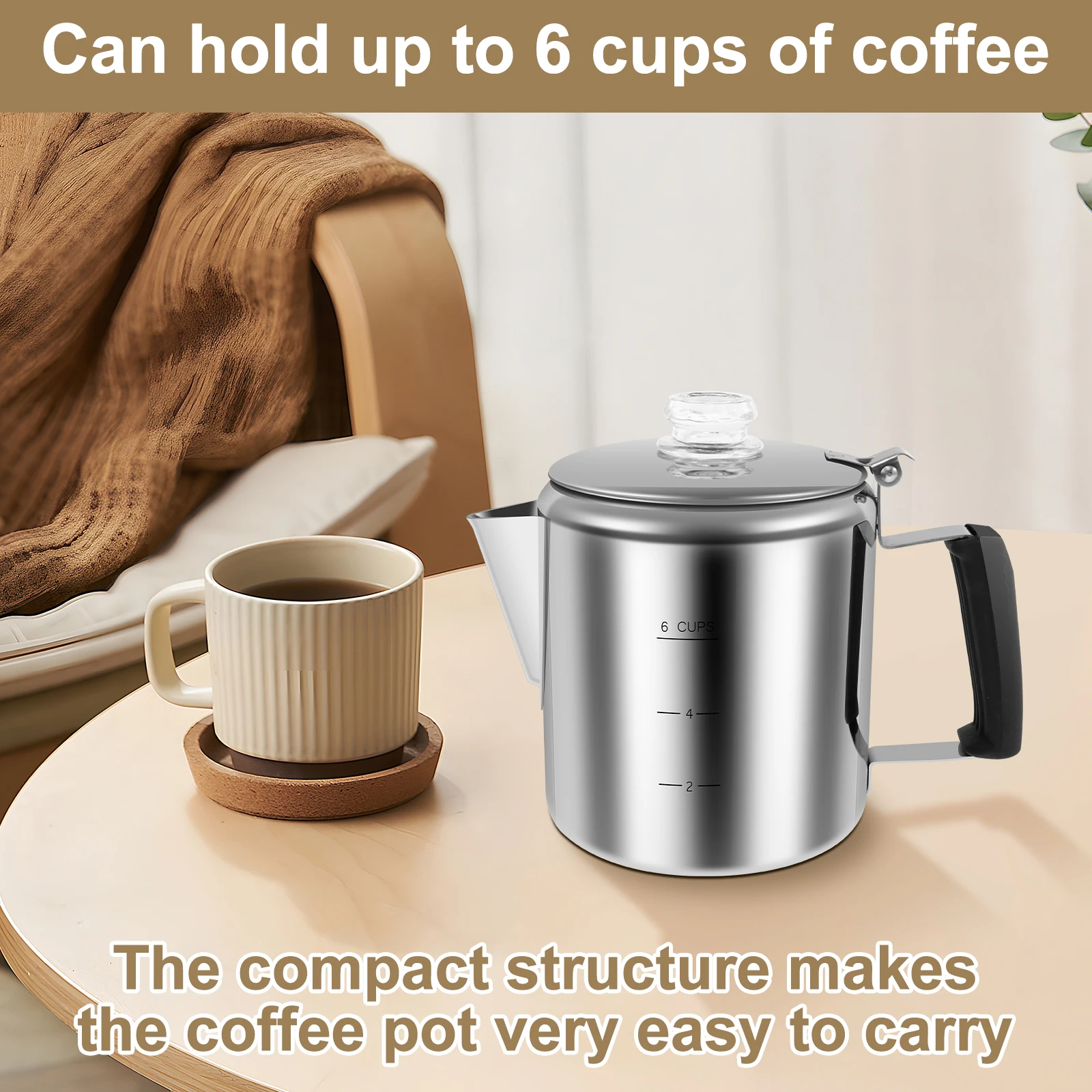 1Pc Percolator Coffee Pot Stainless Steel Coffee Pot 6/9 Cup Portable Espresso Pots with Handle French Press for Outdoor Camping