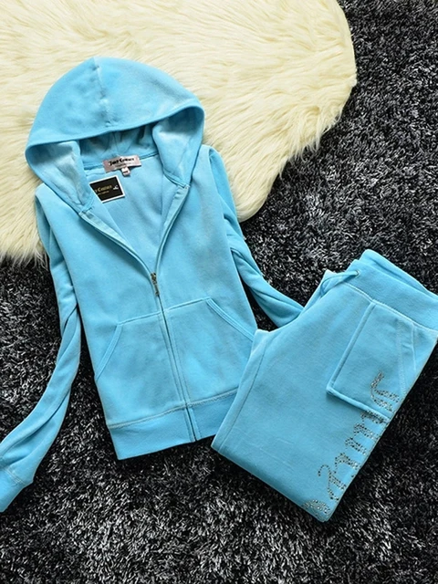 YICIYA TRACKSUIT hoodies Velvet Zipper Sweatshirt And Pants Winter women velour Pant Suit Hoodies Zipper Rhinestone velour suits sky blue suit