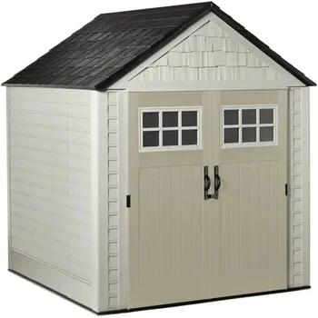 Abri de rangement extérieur en résine résistante aux intempéries de 7 x 7 pieds avec sol, beige/marron, pour l'organisation 1
