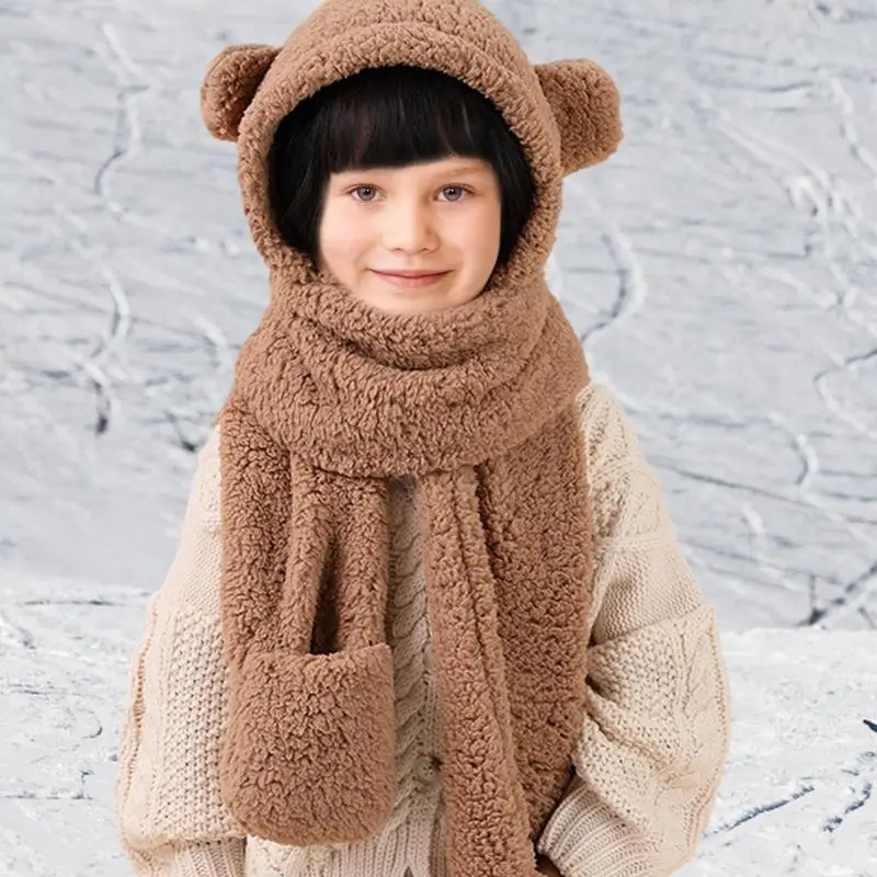 Winter Cartoon Child Hat Scarf Bear Ear Hat Scarf Gloves Set 3 in 1 Keep Warm Casual Plush Hats Thicken Neck