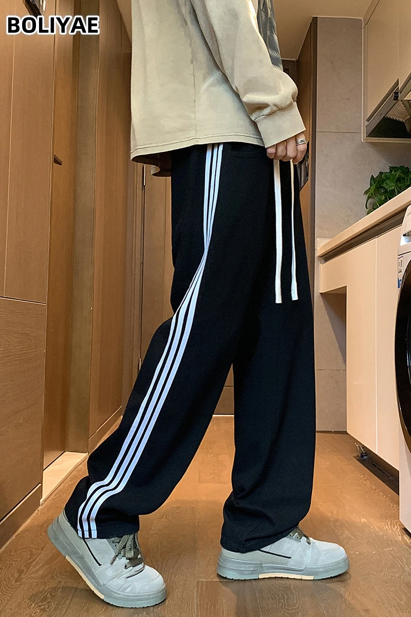 

Boliyae Drawstring Baggy Jeans Men's Y2K Fashion Streetwear Wide Leg Pants Elastic Waist Straight Denim Trousers Autumn Winter