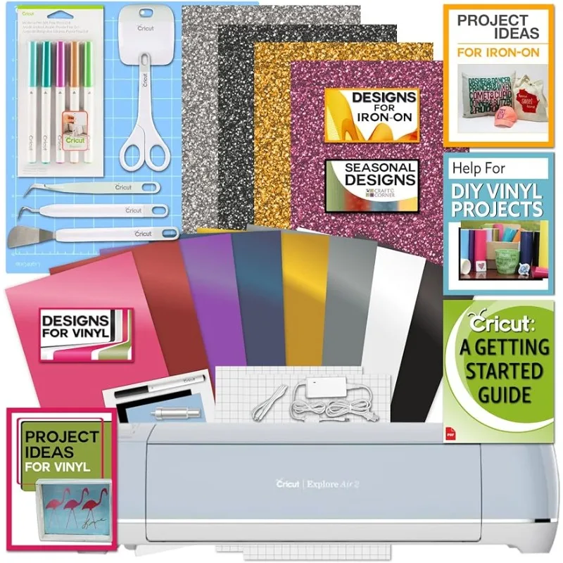

Cricut Air 2 Blue Machine with Iron On Viny Pack, Starter Tool Kit, and Pen Set Bundle -Beginner Heat Transfer Vinyl Accessories