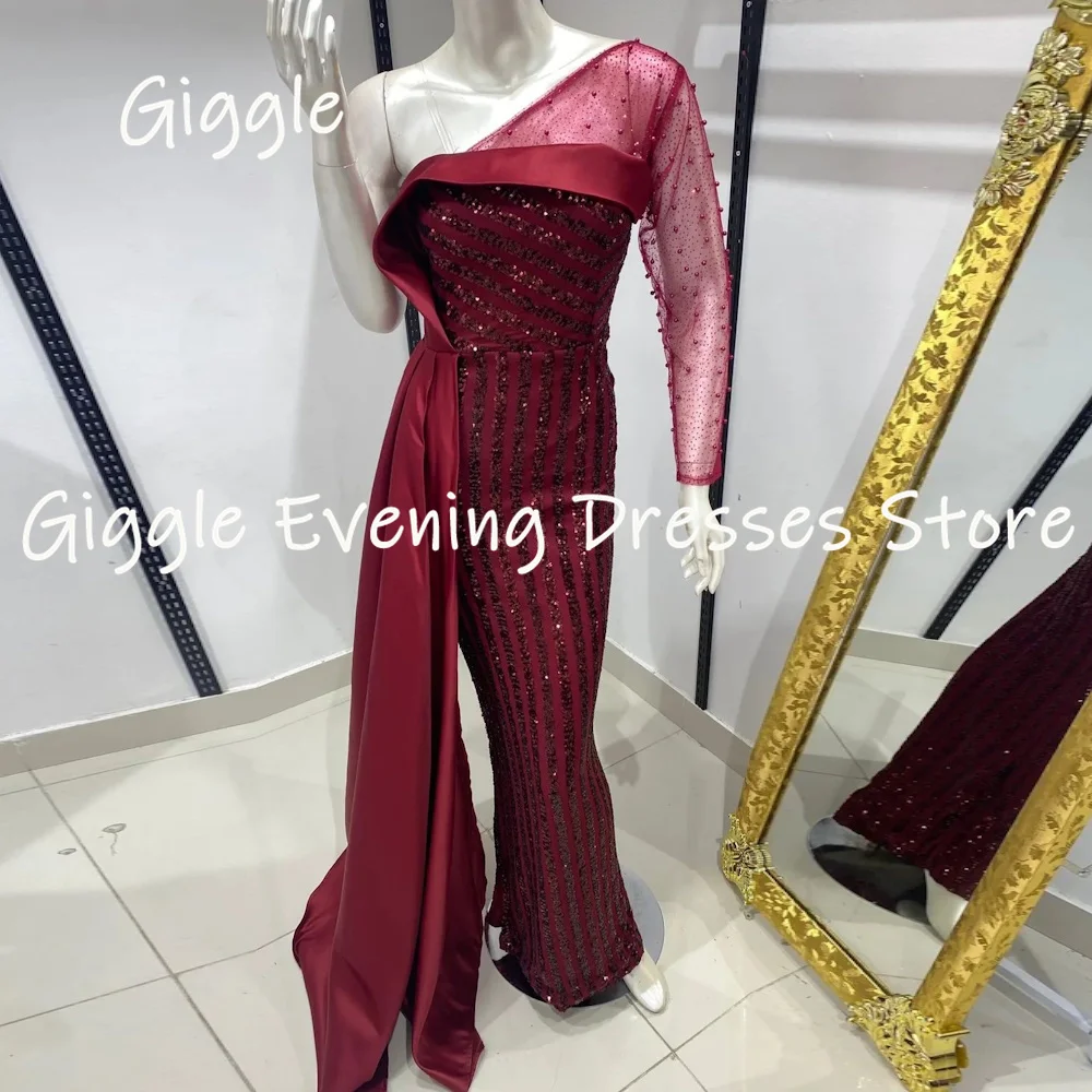 

Giggle Satin Mermaid One-shoulder Sequins Lace Ruffle Formal Prom Gown Floor-length Evening Elegant Party Dresses for Women 2023