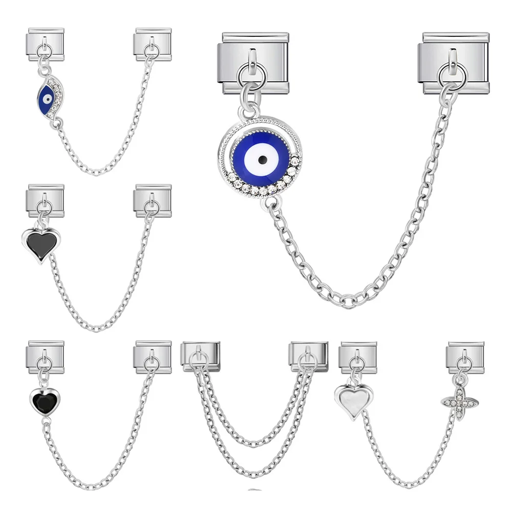 URING Silberfarbene Charm-Anhängerkette, Teufelsauge, Liebesherz, italienisches Glied, passend für 9 mm Edelstahl-Armbänder, DIY-Schmuckherstellung