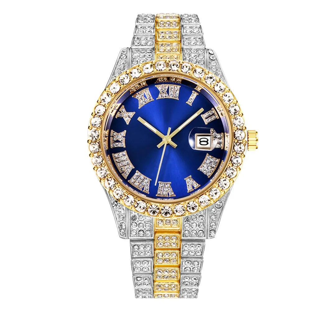 Luxury Waterproof Iced Out Quartz Wristwatch with Calendar Function and Hip Hop Style Design