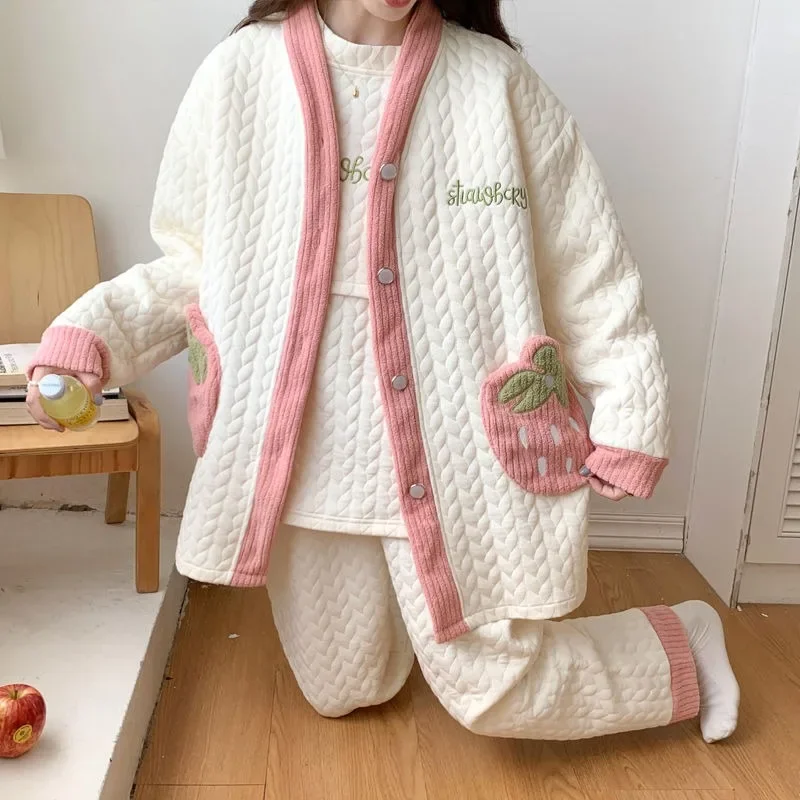 2024 New Three-piece Suit Air Cotton Autumn Winter Can Adjust Pregnant Women Pajamas Long-sleeved Breathable Nursing Clothes