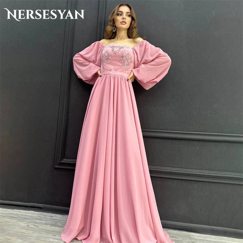 

Nersesyan Pink Chiffon Off Shoulder Formal Evening Gowns Long Sleeves A Line Draped Party Dresses Floor-Length Prom Dress 2023