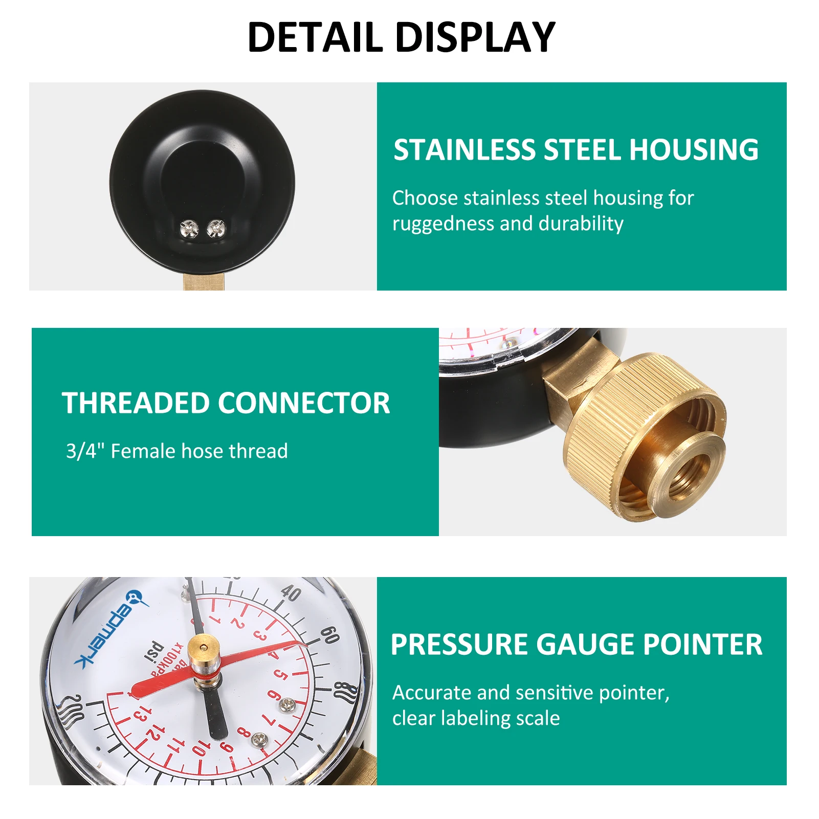 Pressure gauge Lepmerk 2- 1/2'' Water Pressure Test Gauge 3/4'' Female Hose Thread 0-200 PSI Red Pointer High Precision