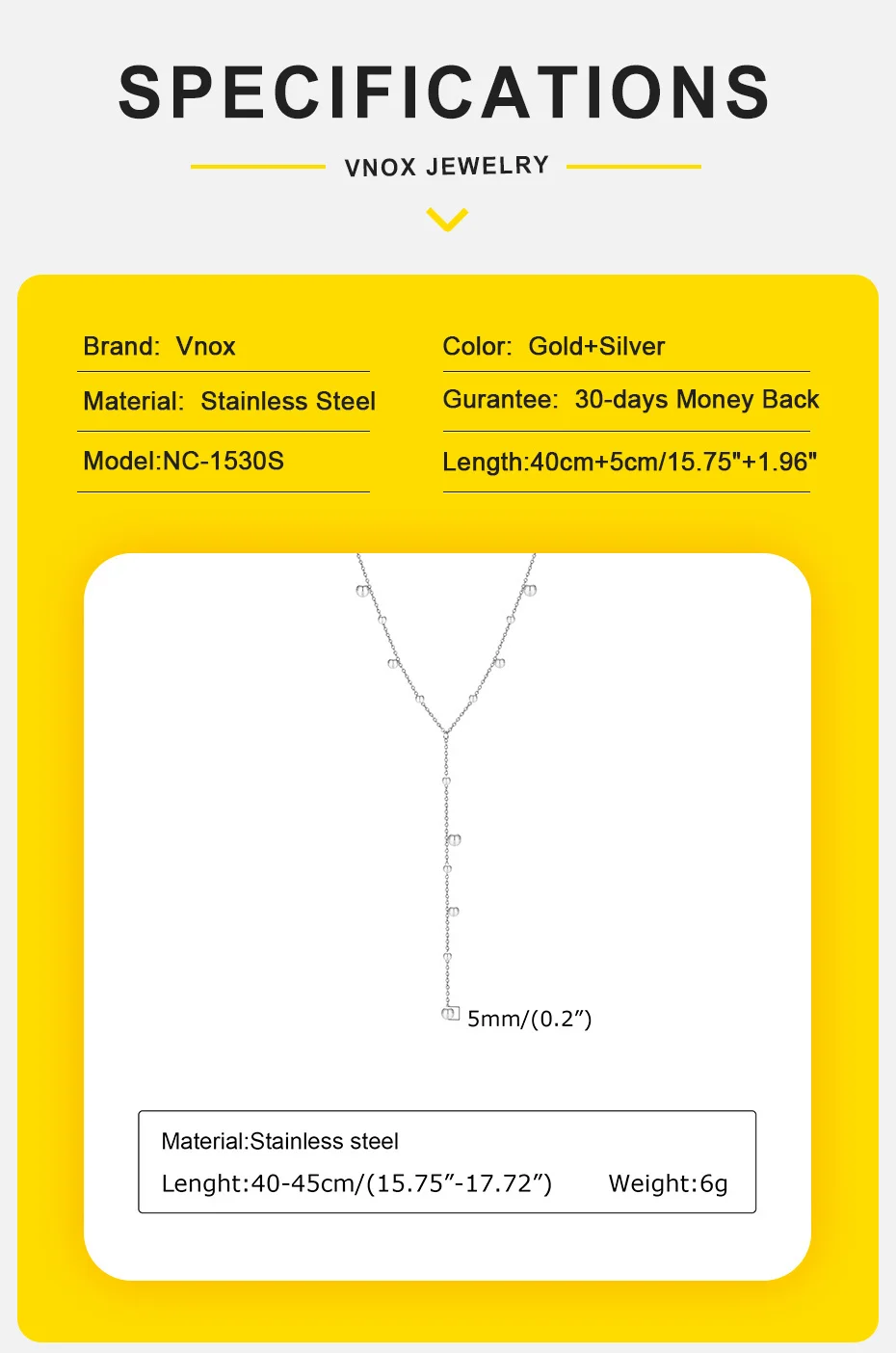 Vnox Balls Charm-Anhänger für Frauen, sexy lange Y-Ketten-Halsketten, minimalistischer Party-Urlaubskragen-Schmuck – Detail 4