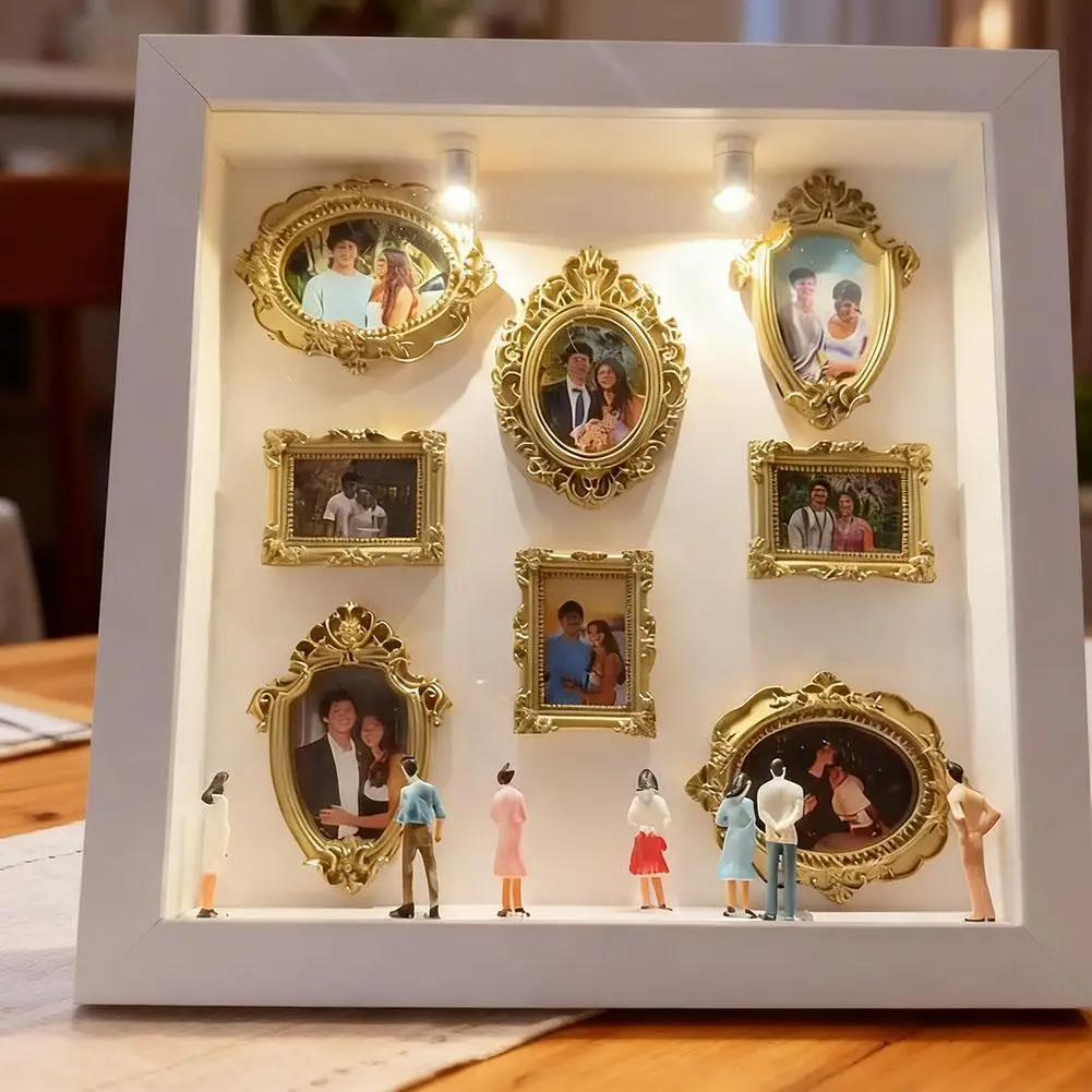Mini Museum Photo Album: Stylish Memory Display Kit with Miniature Statue and Gold Frame