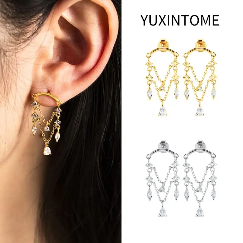 925 Sterling Silver Needle Multi Chain tassel Stud Earrings For Women Exquisite Water Drop Crystal Earrings Luxury Jewelry