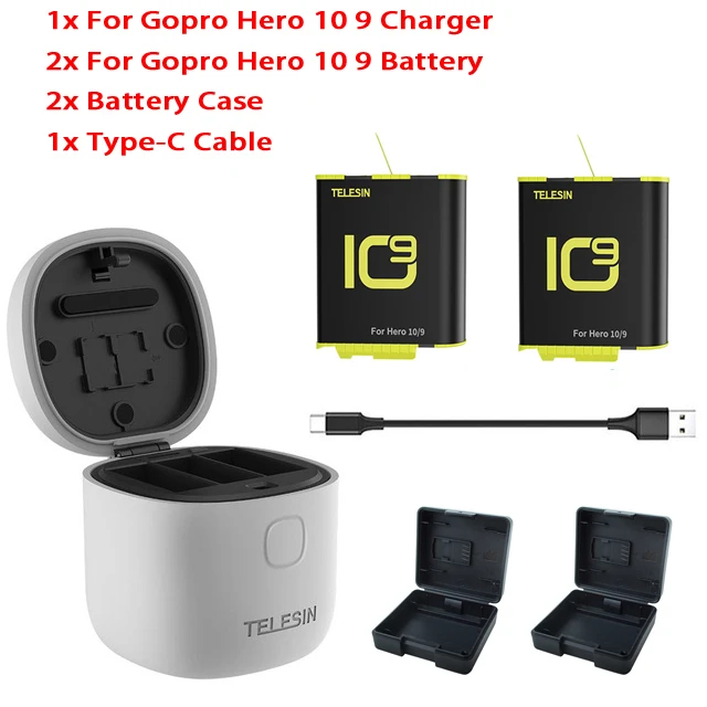 TELESIN Lot de 2 chargeurs de batterie Allin Box pour GoPro Hero 12 Hero 11  Hero 10 Hero 9 noir, étanchéité IP54, triple boîtier de charge avec