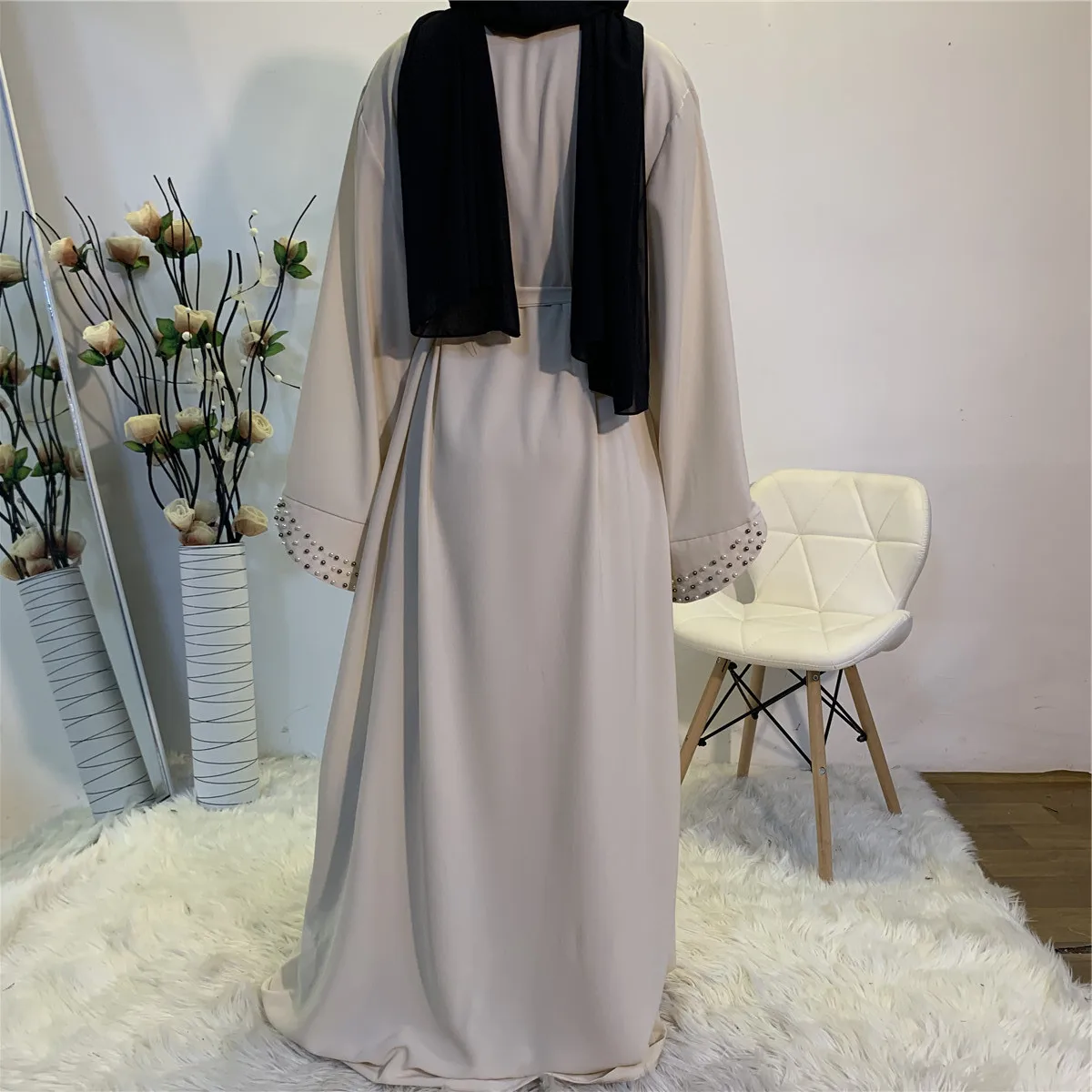 Free Shipping Arab Turkey Middle East Fashion Elegant Solid Color Beaded Muslim Lace-up Cardigan Robe