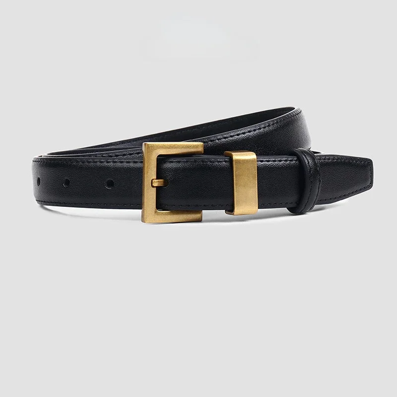 Ceinture Femme En Cuir Noir – Boucle Carrée Or Vieilli – Longueur Réglable 70-100 Cm – Élégante Pour Jeans, Robes & Tenues Décontractées