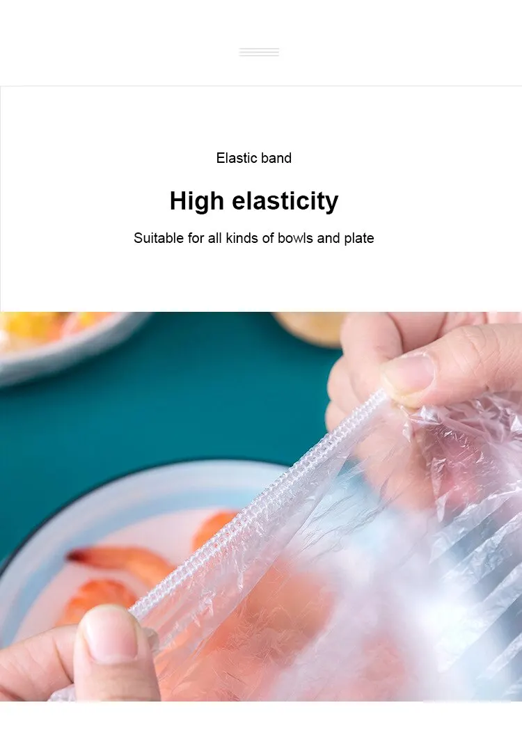 Description Picture 4 of itemDisposable Food Cover Plastic Wrap Elastic Food Lids Storage Kitchen Fresh Keeping Saver Bag For Fruit Bowls Cups Caps Reusable
