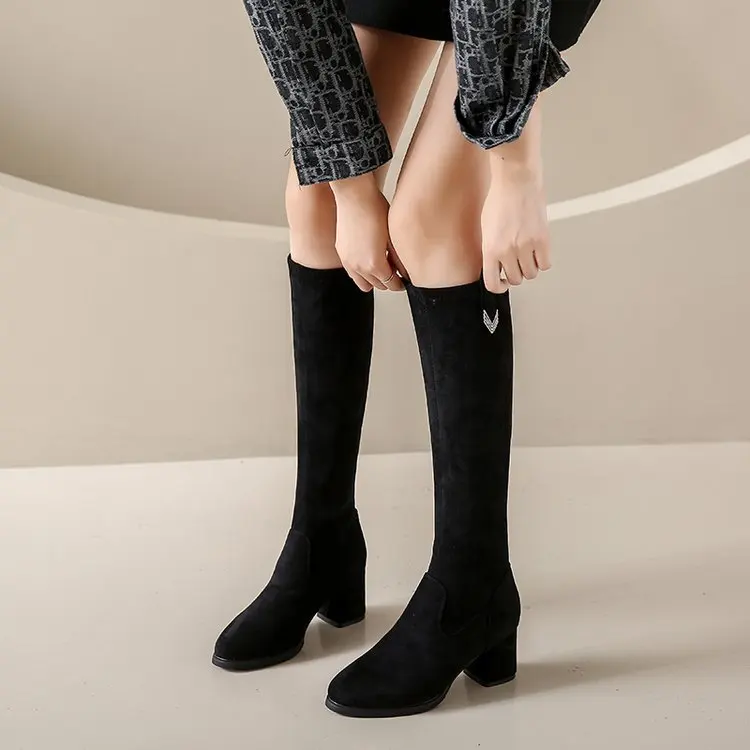 

Женские сапоги на высоком каблуке-Женские Сапоги выше колена с круглым носком на шпильке-женские осенние сапоги из флока без застежек в римском стиле La, 2023