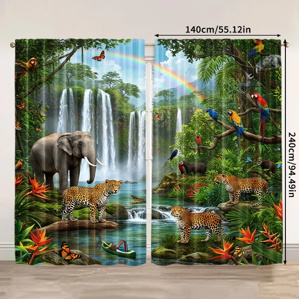 2pcs, spring summer Curtains Rainforest Adventure Wind Semi-Sheer Curtains Polyester Woven Decorations Outdoor for Bedroom, 3