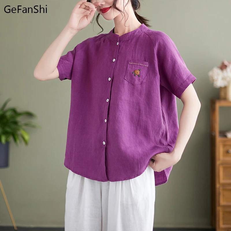 

Женская офисная блузка с коротким рукавом, однотонная Повседневная Свободная блузка с цветочной вышивкой в Корейском стиле, лето 2023