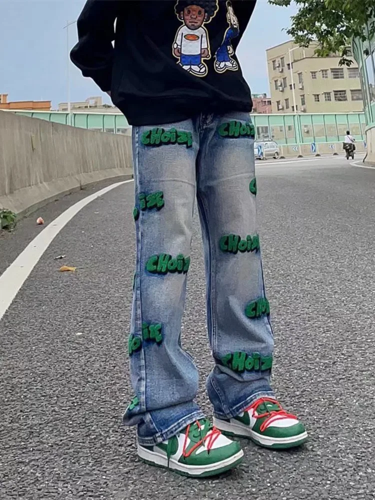 Streets Loose Towel Embroidery Washable Jeans Pants, High Street