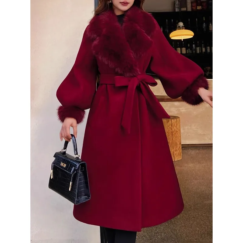 Luxury Big Fur Collar Lantern Sleeve Woolen Coat Female Autumn and Winter High Sense Long Sleeve Tied Waist Coats for Women