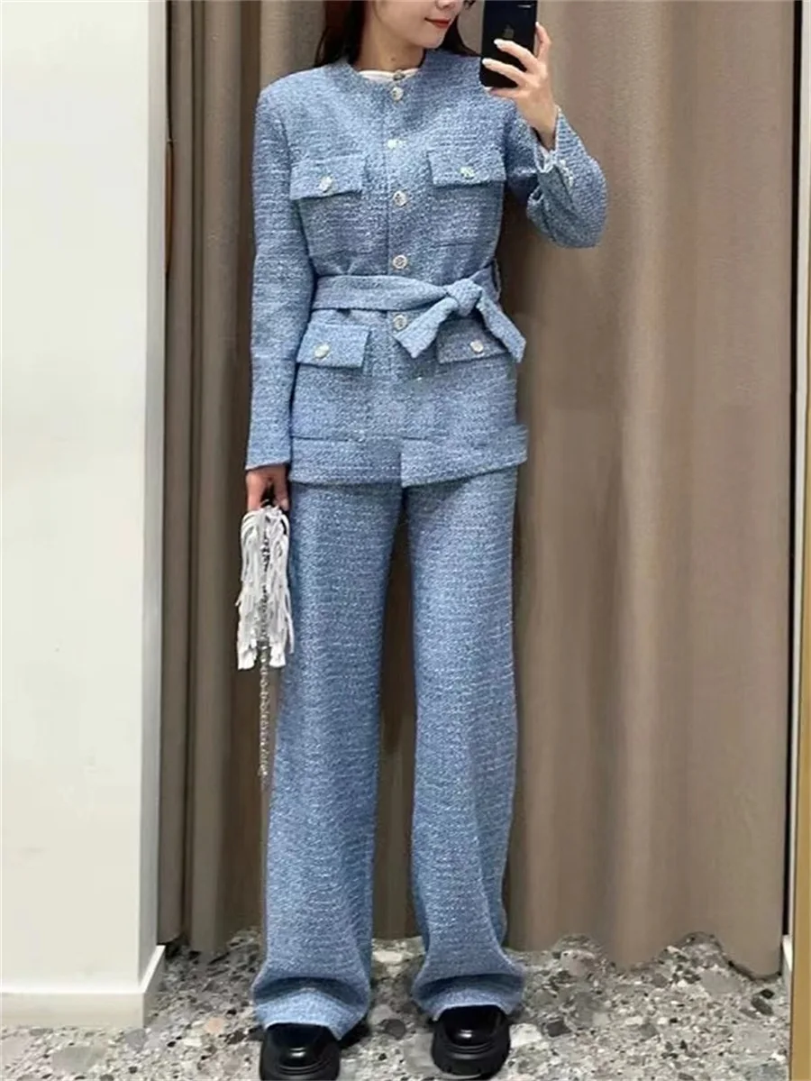 

Женский твидовый костюм, элегантный синий однобортный пиджак с круглым вырезом и длинными рукавами или прямые длинные брюки с высокой талией, весна 2024