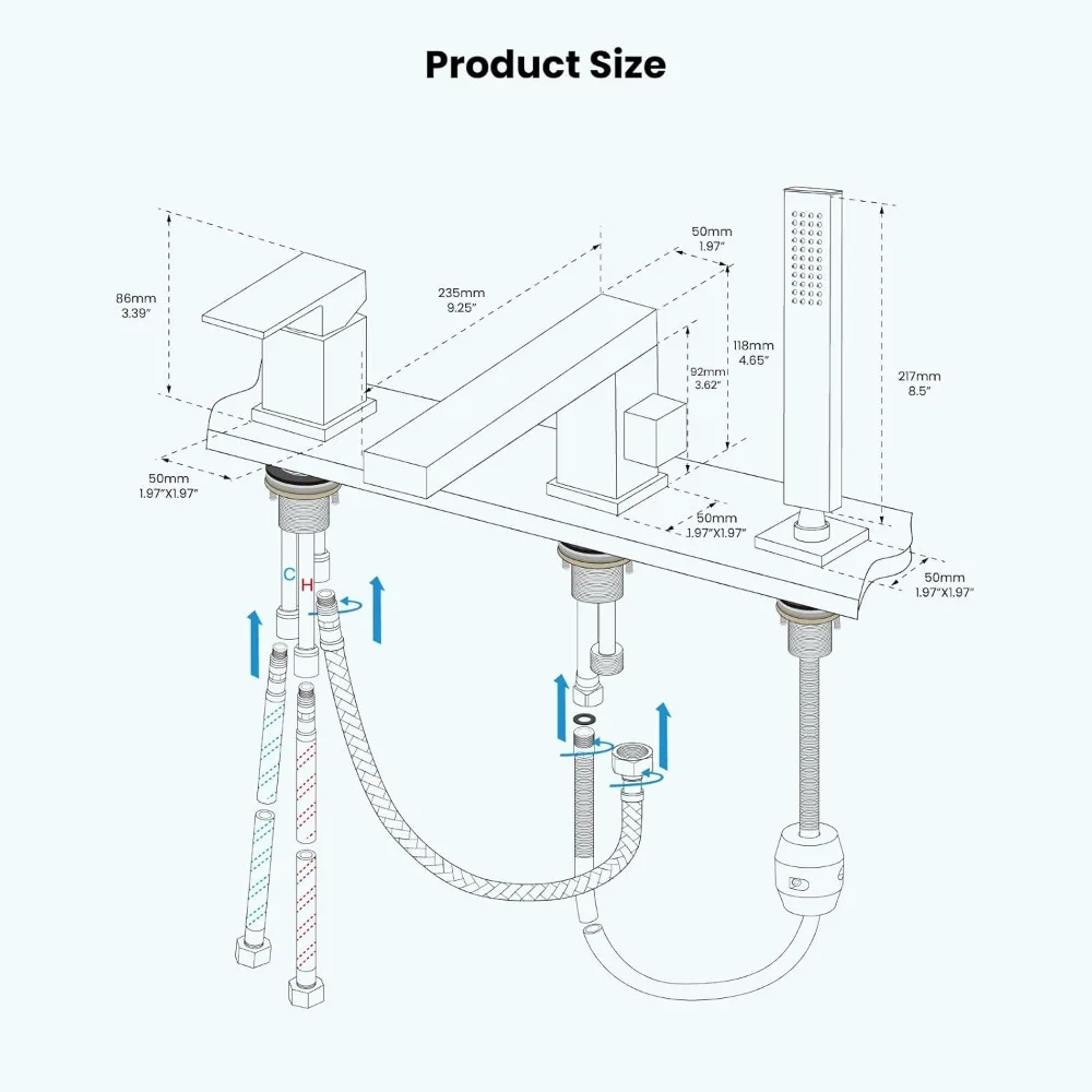 Bath Faucet with Handheld Shower 3 Hole Deck Mounted Bath Faucet Set Extensive Single Handle Bath Filler Honeycomb Stream 3
