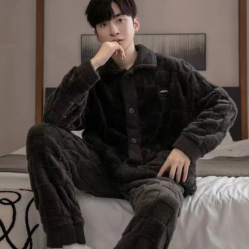 2024 New Coral Fleece Pajamas Men Winter Thickened Loungewear Long Sleeve Fleece Sleepwear Loose Warm Lapel Collar Homewear Set