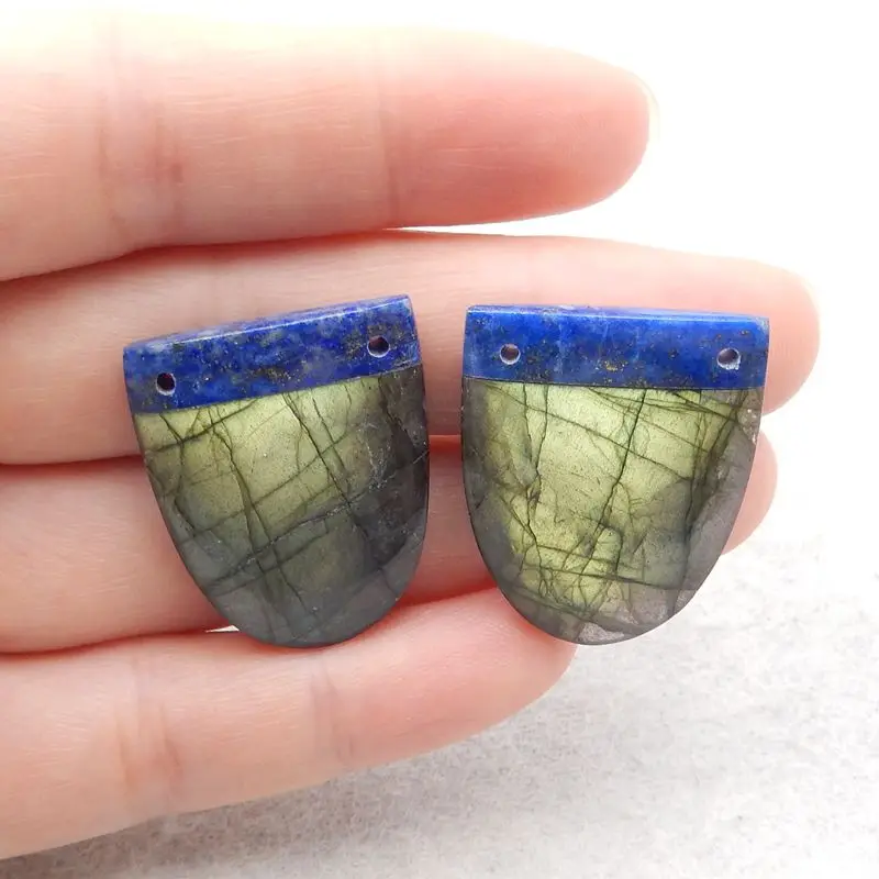 Fashion Jewelry Natural Stone Lapis Lazuli And Labradorite Double Holes Earring Bead Accessories For Women 27x22x6mm 12g