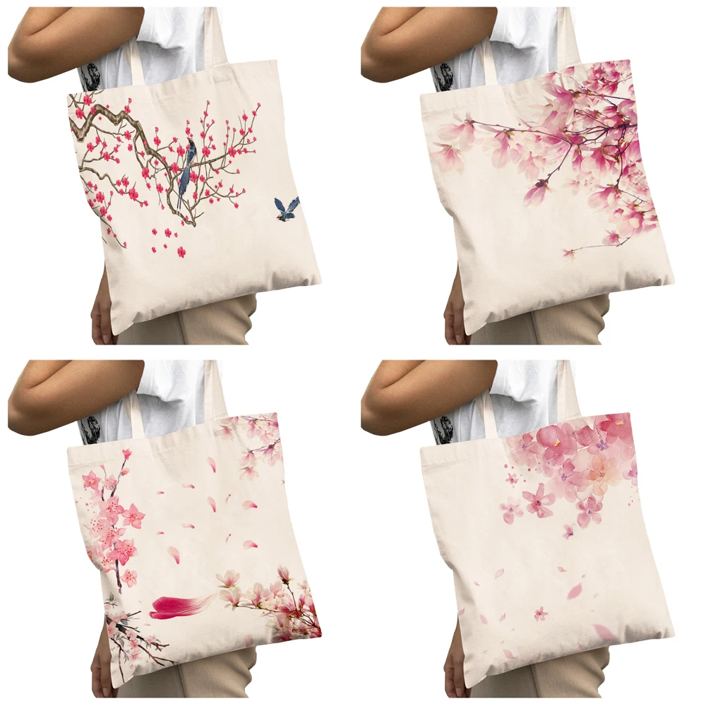 Pink Peach Blossom Big Capacity Shopper Bag Watercolor Cartoon Plant Tree Bird Double Print Casual Canvas Women Shopping Bags