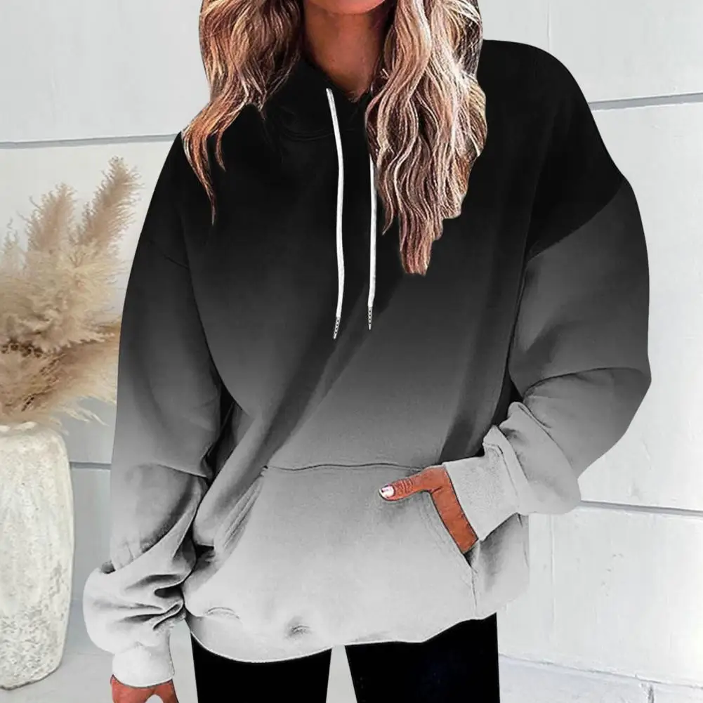 

Winter Loose Hoodie Gradient Color Hooded Women's Fall Winter Hoodie Soft Warm Stylish Mid Length Sweatshirt with Elastic Cuff