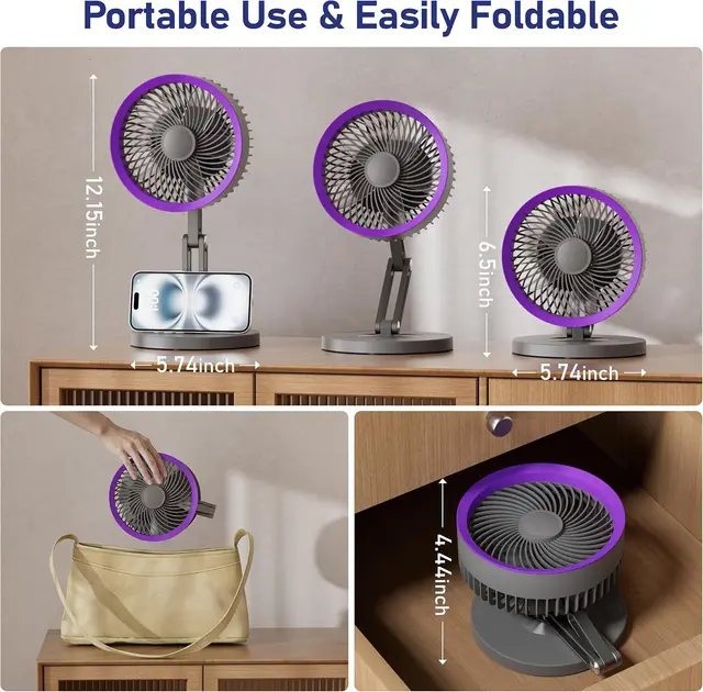 Desk fan Small Quiet with Metal Stand - 3 Speed 180° Foldable 360° Rotating Adjustable Portable Design Rechargeable Battery 3