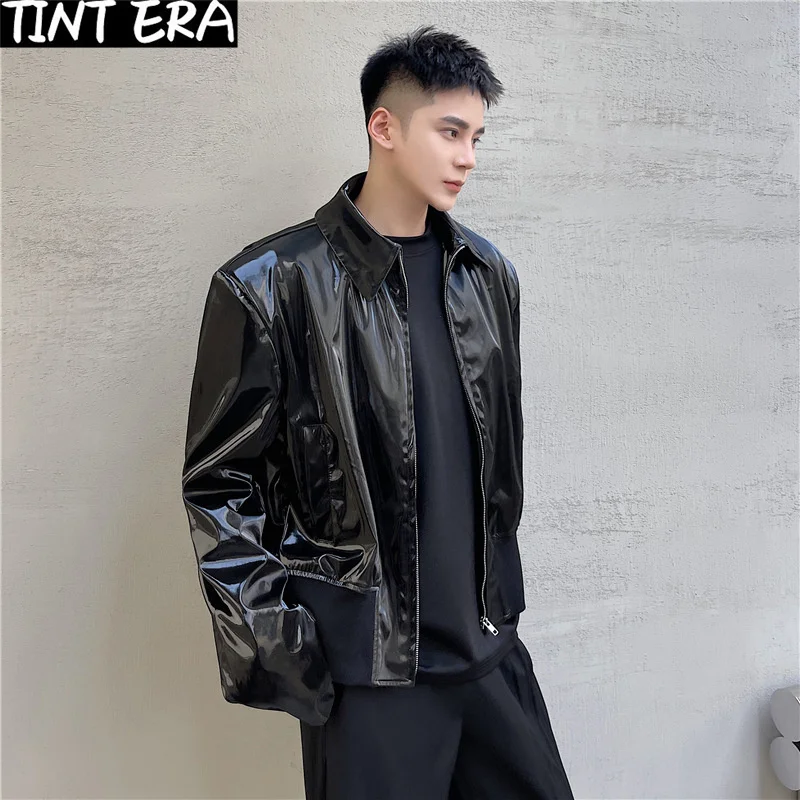 

Ins Street tide bright face patent leather motorcycle leather jacket men's short loose mirror PU leather jacket imitation