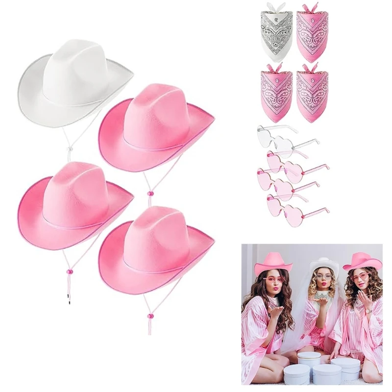 

Patterned Bandana & Weatern Cowboy Hat & Heart Shape Sunglasses Set,Discos Party Cowgirl Costume 12 Pieces Set