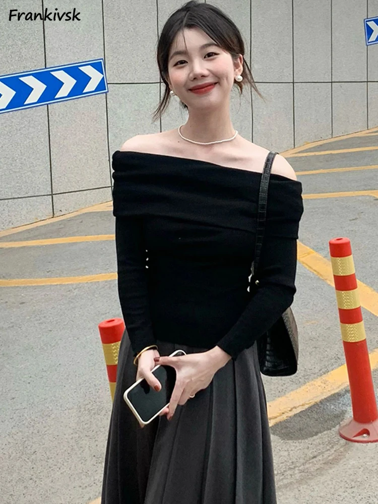 

Slash Neck Sweaters Women Slim Pure Color French Style Sexy Slouchy Knitting Advanced Spicy Girls Fashion Charming Temperament