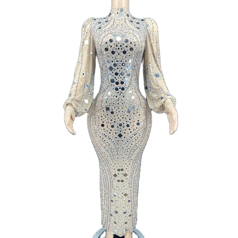

Sexy Sequins See Through Dress Shining Rhinestones Long Sleeved Perspective Mesh Dress Birthday Celebrate Dance Costume