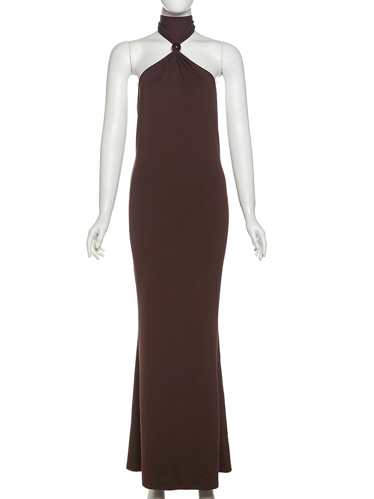 Nibber Temperament Beads Patchwork Dress Women Halter Turtleneck Backless Sleeveless Vacation Street Fashion Solid Long Bodycon