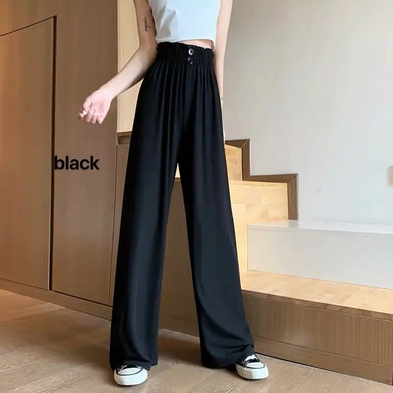 Summer Thin Ice Silk Wide Leg Pants for Women with High Waist and Loose Fit Straight Leg Sports Ultra Light and Thin Cool Pants