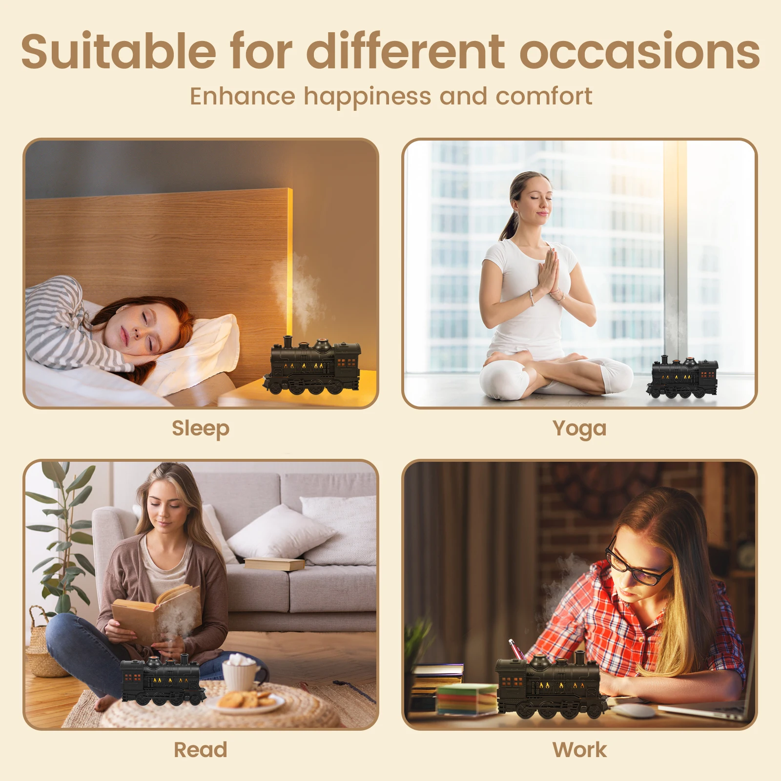 Mini Humidifier 2 Spray/Light Modes Essential Oil Diffuser 300ml Quiet Retro Train Shape Humidifier with Auto Shut Off Function