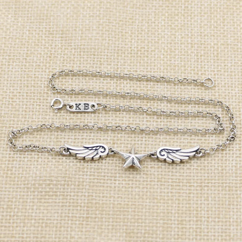 

S925 Sterling Silver Necklace Personalized Trendy Five Point Star Wings Punk Gothic Style Chain Gift for Lover