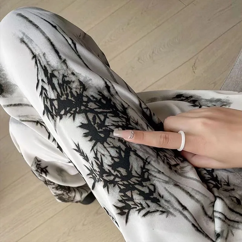 Ice Silk High Waisted Wide Leg Pants Women's 2024 Summer Thin Ink Chinese Style Casual Sunscreen Chiffon Printed Pants