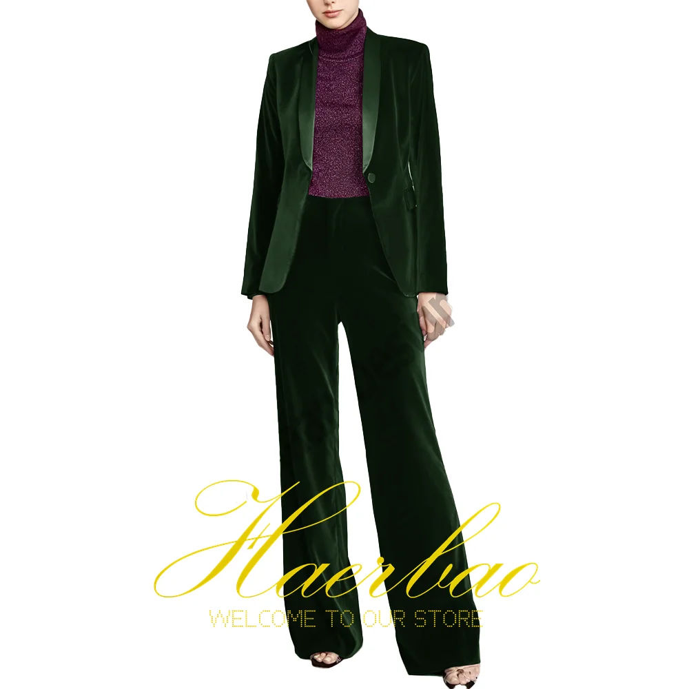 Women's Velvet Jacket and Pants Set, Formal Wedding Dress, Green Fruit Collar Jacket and Pants, 2-Piece Set
