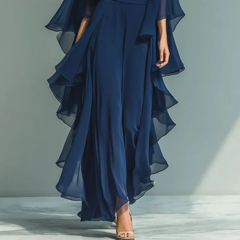 Elegant Crew Neck Blouse Shirts & High Waist Pants Set Woman 2 Piece Solid Chiffon Ruffle Outfit 2026 Spring Summer Office Suits