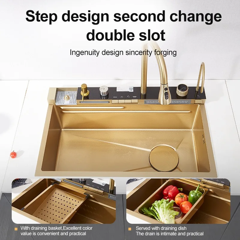Golden Stainless Steel Sink Household Honeycomb Embossed Booster Pull Out Faucet Cup Washer Waterfall Large Single Kitchen Sink 3