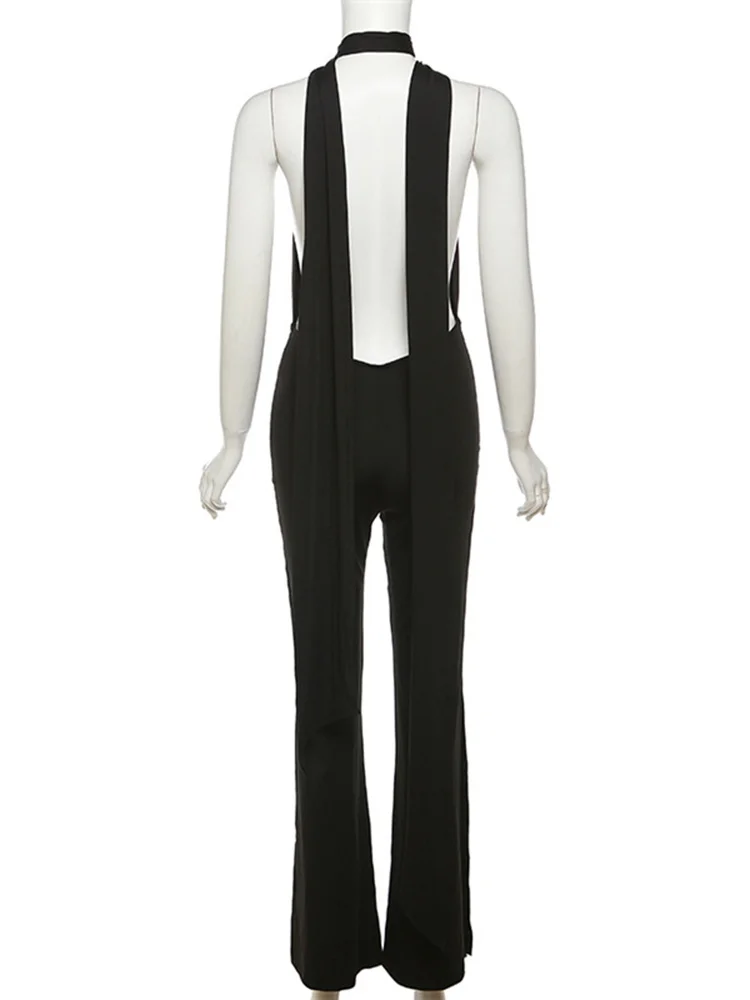 Sibybo Stylish Micro Jumpsuit Sexy Halter Slim-fit One-piece Pants Solid Color High-waisted Bell Bottoms Women Streetwear
